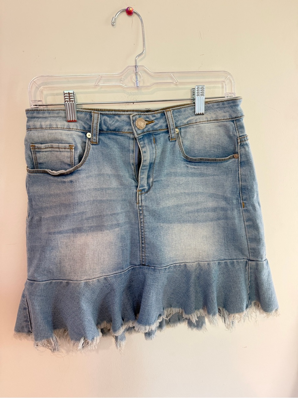 Light Blue Denim Mini Skirt with Ruffle Hem